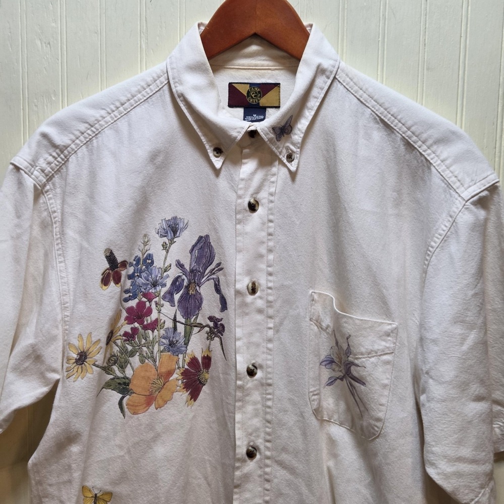 Men's Casual Button-Down Shirt with Floral Print - White